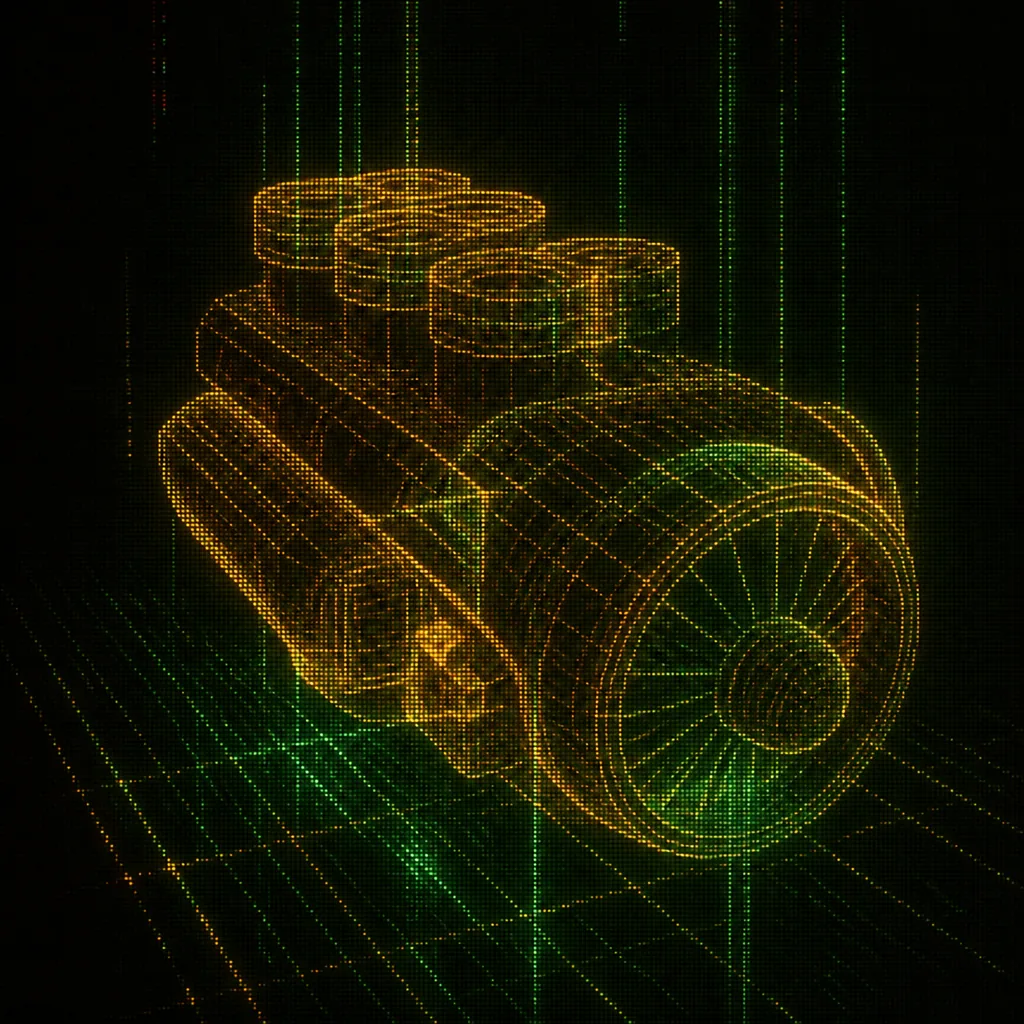 Glowing amber and green wireframe of a 3D render emerging from a pixel-grid framebuffer, CRT scanlines and cascading data streams on near-black